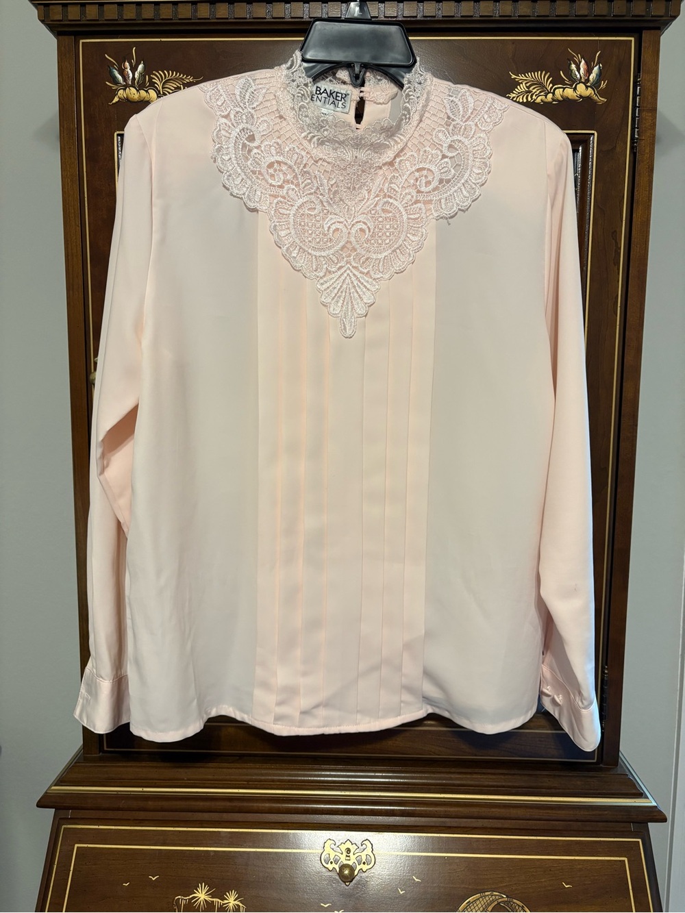 Vintage Liz Baker Essentials Pale Pink Lace-Yoke Long Sleeve Blouse